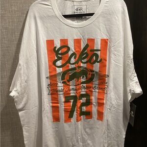 Ecko Unlimited White Tee with Orange Stripes and Olive Graphic